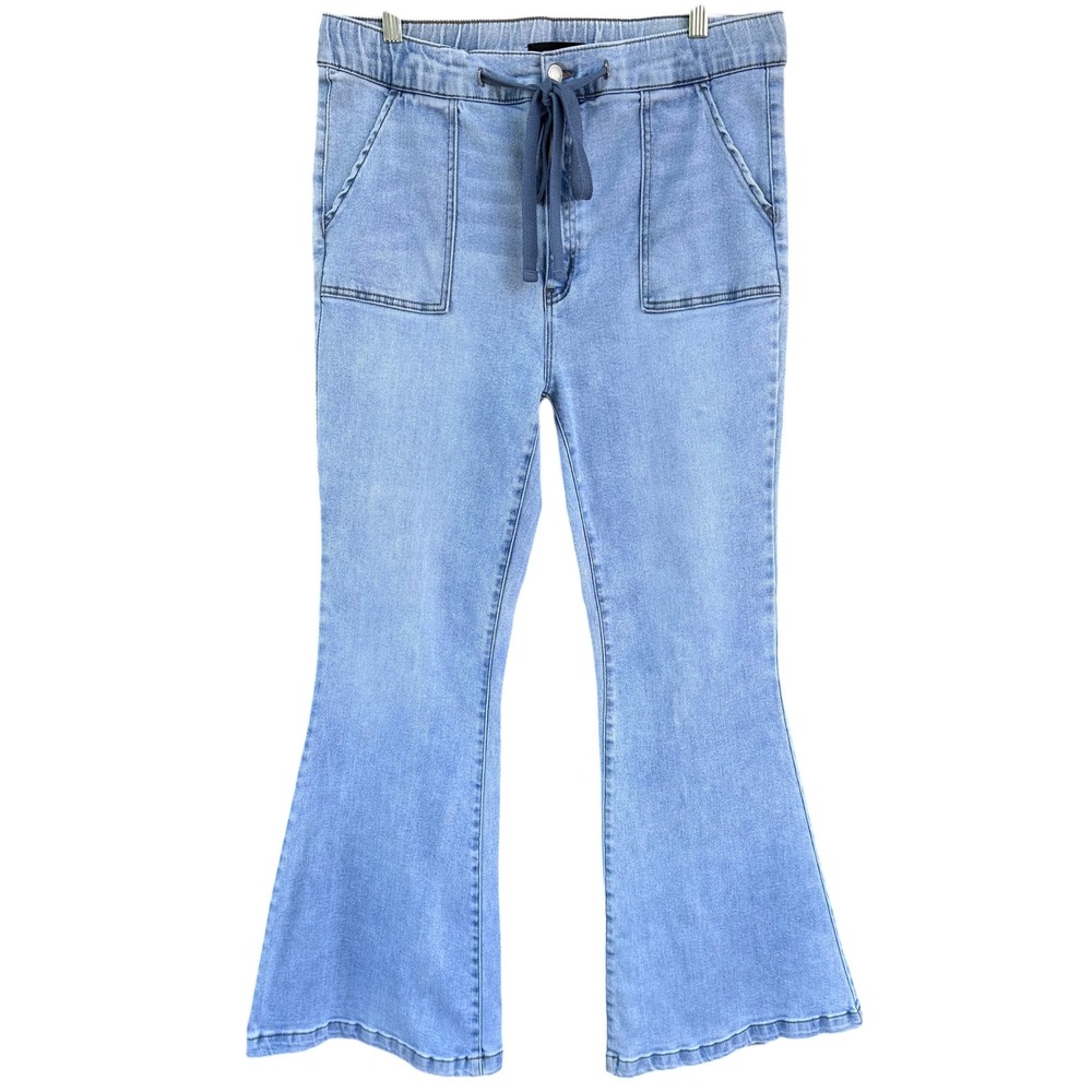 Risen Los Angeles Light Wash Drawstring Patch Pocket Flare Jeans Plus Size 1XL